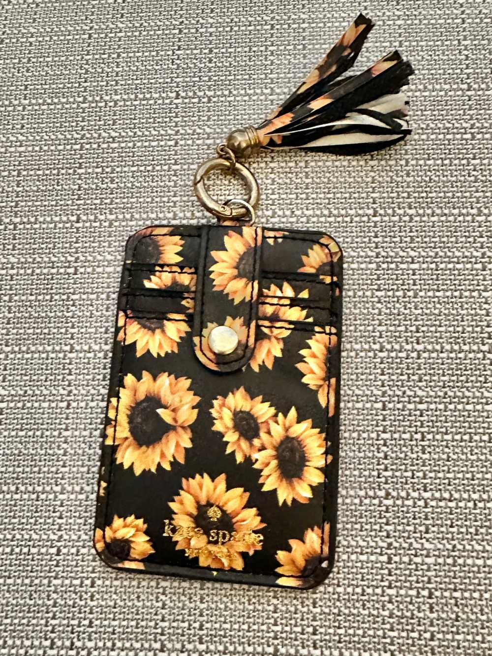 Kate Spade Black and Yellow Sunflower Card and ID Holder with Tassel Key Ring
